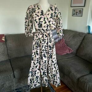 Nordstrom Black and Cream Wrap Midi Dress Puff Sleeves